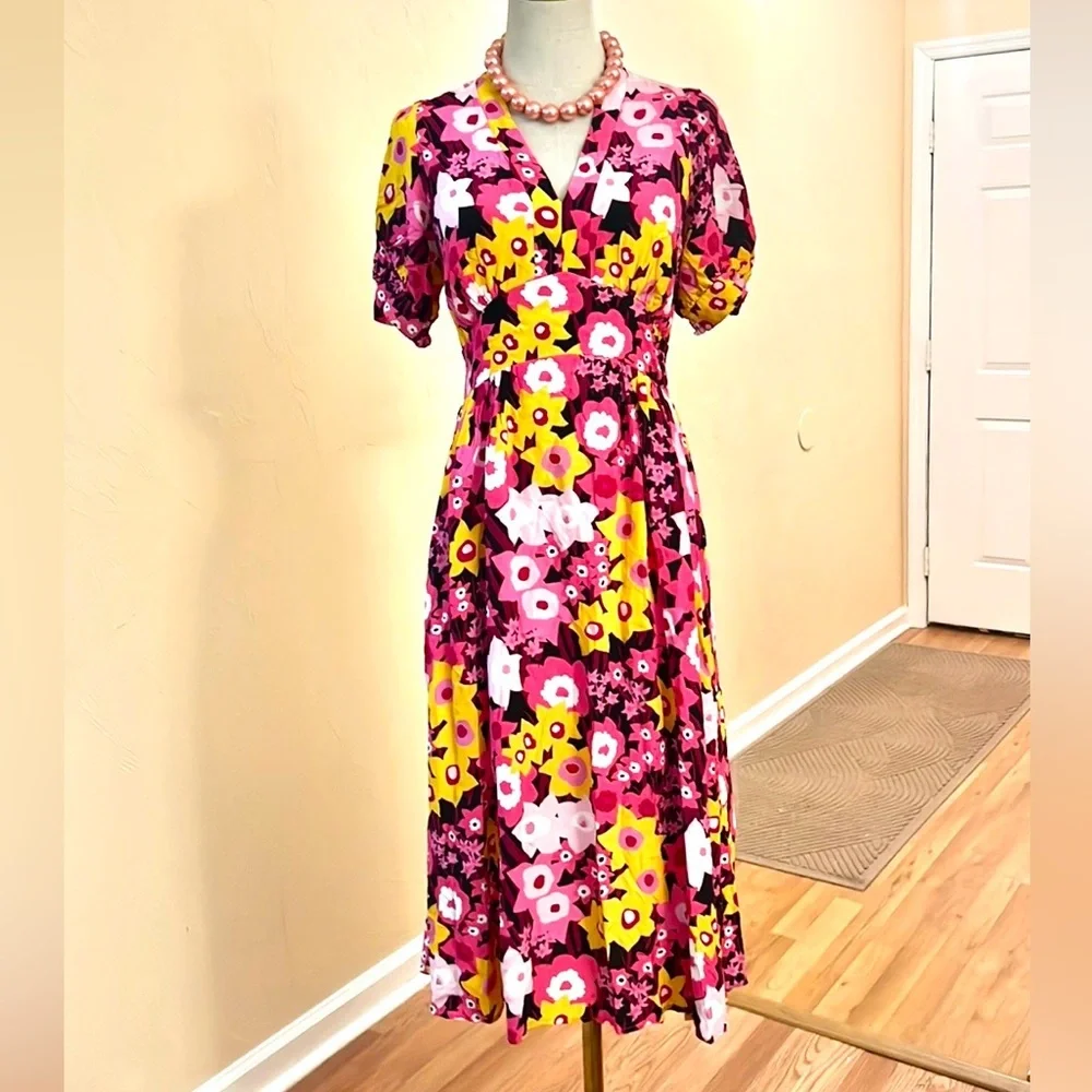 Lesley Evers,CAROLINE Daffodils Dress,Pockets, Lined, Pull-On, PERFECT,Size XS